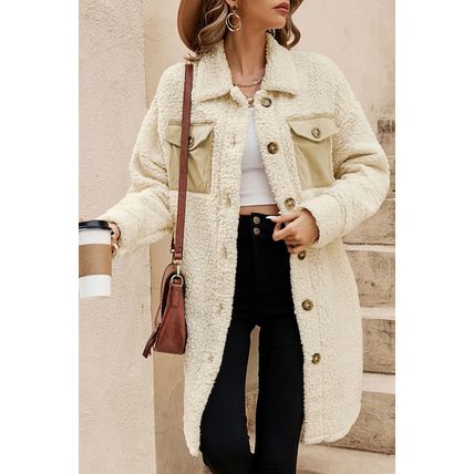 Beige Contrast Flap Pocket Single Breasted Teddy Coat
