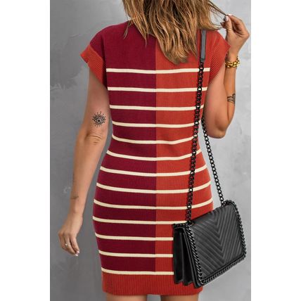 Brown Stripe Color Block Quarter Zip Collar Short Sleeve Sweater Dress