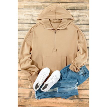 Parchment Fleece Lined Half Zipper Kangaroo Pockets Loose Hoodie