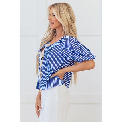 Blue Stripe Tied Front Puff Short Sleeve Blouse