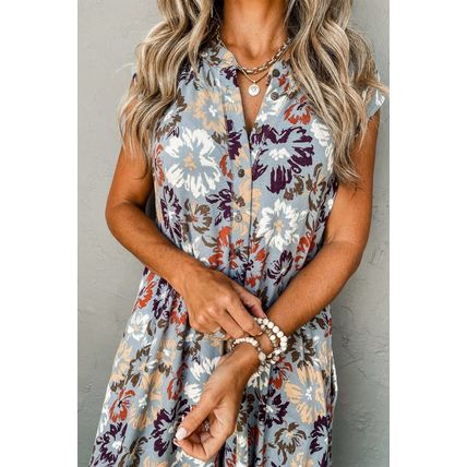 Sky Blue Floral Sleeveless Buttoned Pocketed Wide Leg Jumpsuit
