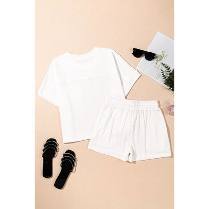 Jet Stream Textured Patched Pocket Short Sleeve Top Drawstring Shorts Set