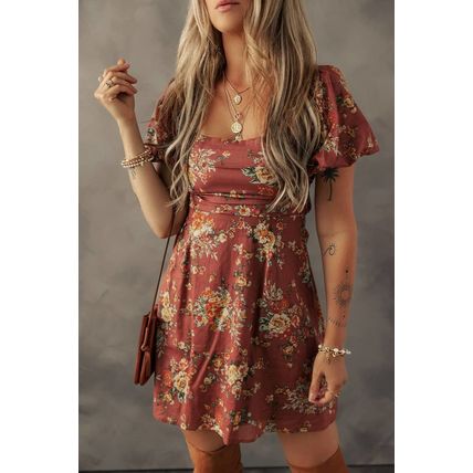 Red Floral Puff Sleeve Square Neck Knot Open Back Mini Dress