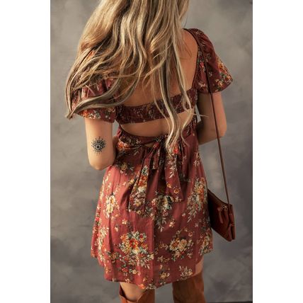 Red Floral Puff Sleeve Square Neck Knot Open Back Mini Dress