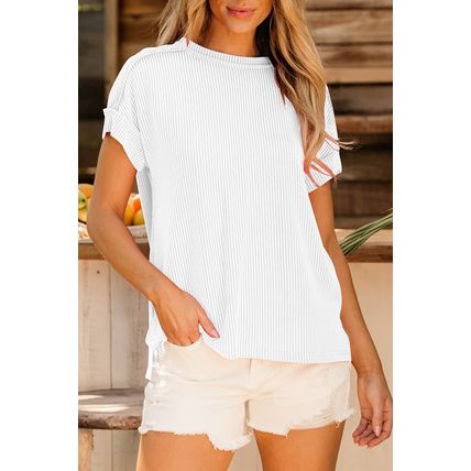 White Textured Knit Exposed Stitching T-shirt