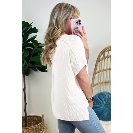 White Textured Knit Exposed Stitching T-shirt