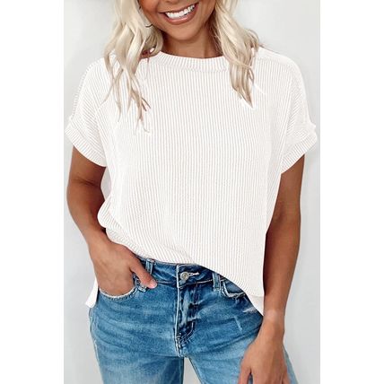 White Textured Knit Exposed Stitching T-shirt