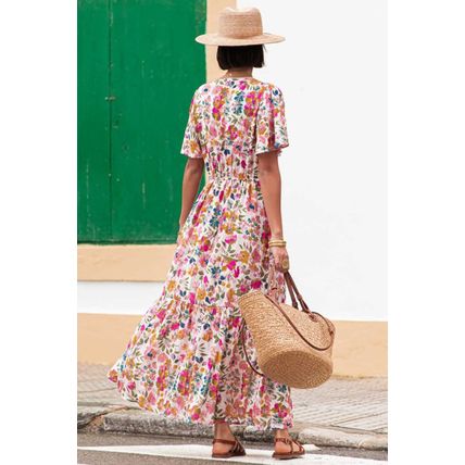 Red Floral Short Sleeve V Neck High Waist Maxi Dress