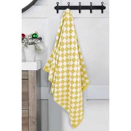 Yellow Cream Checkered Print Soft Large Bath Towel
