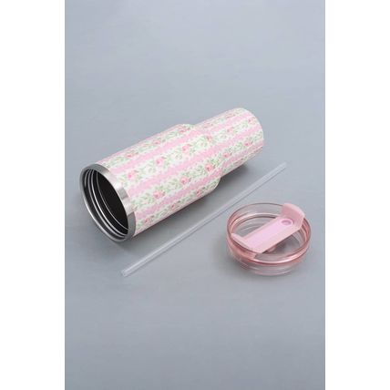Pink Flower Print Large Insulated Tumbler with Handle 40oz