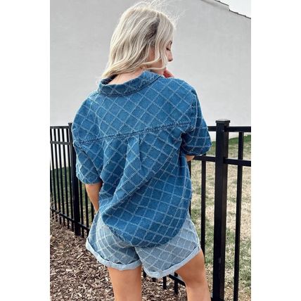 Dusk Blue Checkered Textured Short Sleeve Patched Pocket Denim Shirt