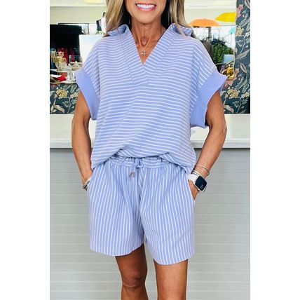 Sky Blue Stripe Dolman Sleeve Polo Shirt and Drawstring Shorts Set