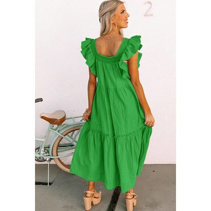 Green Ruffled Flutter Sleeve Square Neck Textured Tiered Maxi Dress