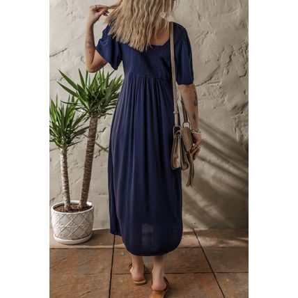 Navy Blue V Neck Buttoned Front Shirred Back Short Sleeve Midi Dress