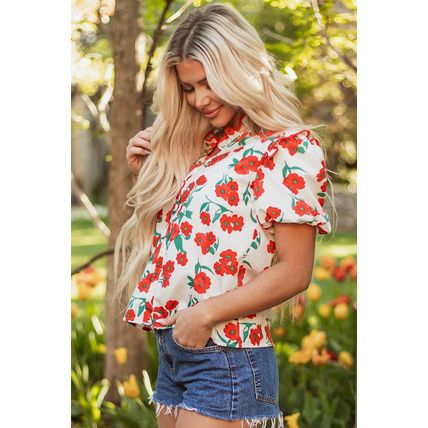 Red Floral Print Ruffled Puff Sleeve Elegant Summer Shirt