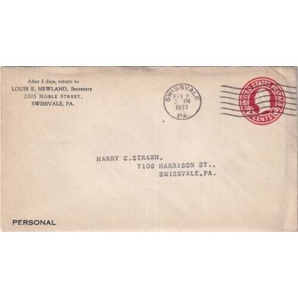 United States 1937 Swissvale PA local Cover Swissvale cancel typed VGC