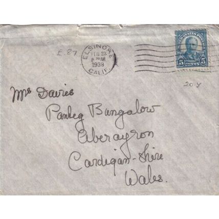 United States 1938 Elsinor CAL-Cardiganshire UK Cover Elsinor cancel written VGC