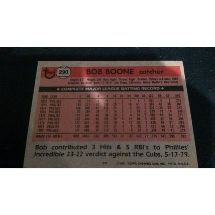 1981 Topps Card # 290 Bob Boone Very Good-Excellent (4) Philadelphia Phillies
