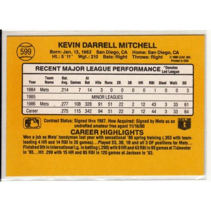1987 Donruss Kevin Mitchell RC Rookie baseball card #599– Mets