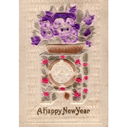 German Clock Craft Pink Flowers Unique Antique Silk 3D Timepiece Postcard