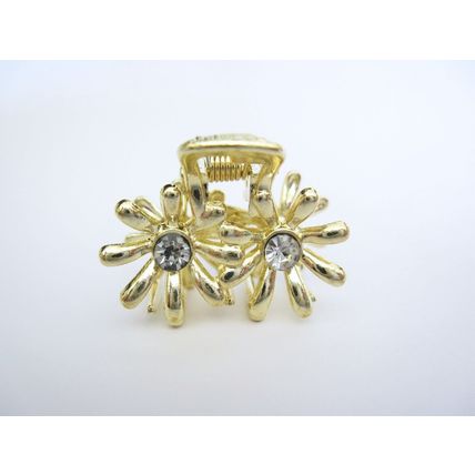 Small shiny gold metal double flower hair claw clip with crystals
