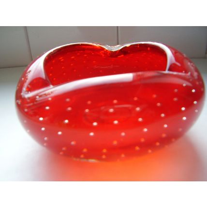 Vintage Murano Red Art Glass Bullicante Controlled Bubble Bowl Ash Tray Dish