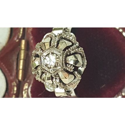 Antique European Gothic 18K White Gold .25ct Diamond Ornate Filigree Ring