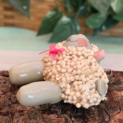 Darling VTG 70s Salt Dough Ornament Girl Sheep W Blue Eyes Pink Cheeks Ears 2.25