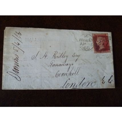 1866 GB QV 1d Red stamp FO Plate 76 entire William Simons Renfrew Shipbuilders