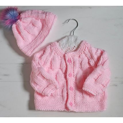 Hand Knitted Baby Pink Chunky Wool Jacket & Hat to fit 9-12 Months Approx