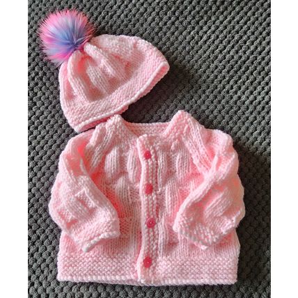 Hand Knitted Baby Pink Chunky Wool Jacket & Hat to fit 9-12 Months Approx