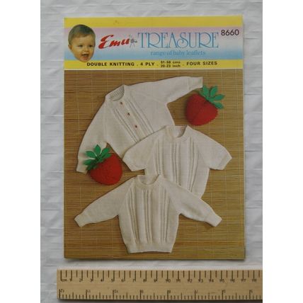 Vintage: Emu 8660 jumpers and cardigan, DK or 4 ply, 20-23 inches, 51-58 cm