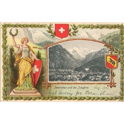 Interlaken Gruss Aus Swiss Flag Shield Jungfrau Military Lady Switzerland Postca