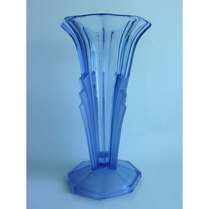 French Art Deco Blue Glass Part Frosted Vase.
