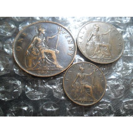 1901 Victoria Veiled Head penny, half-penny & farthing.