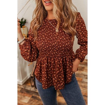 Boho Floral Smocked Bust Ruffled Peplum Blouse
