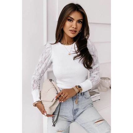 White Lace Splicing Sleeve Ribbed Slim Top