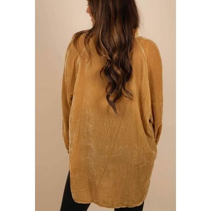 Gold Solid Color Button Up Loose Fit Velvet Shirt