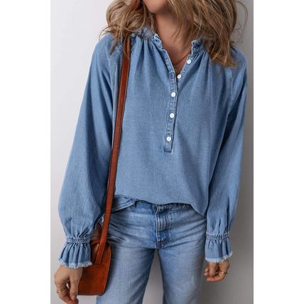 Sky Blue Frilled Raw Hem Half Buttoned Denim Top