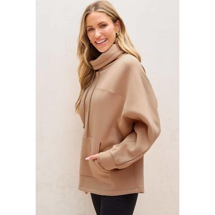 Light French Beige Drawstring Turtleneck Dolman Sleeve Sweatshirt