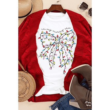 White Colored Light Bowknot Graphic Crewneck T Shirt