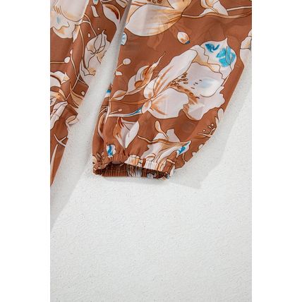 Brown Floral Print Shirred Square Neck High Waist Maxi Dress