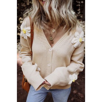 Parchment Elegant Flower Decor Button Front Cardigan
