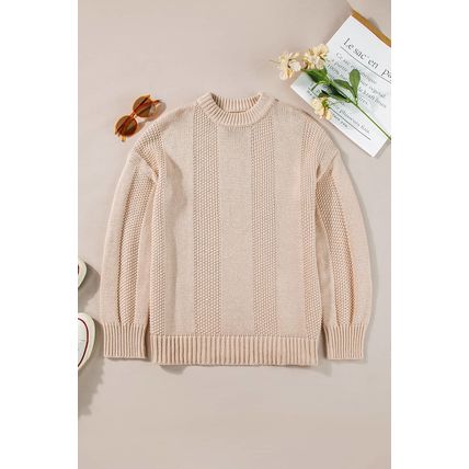 Pale Khaki Solid Color Cable Knit Ribbed Loose Sweater