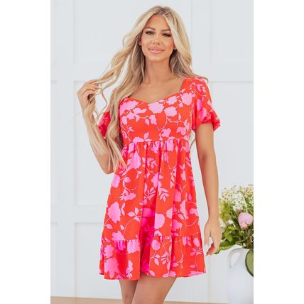 Red Floral Bubble Sleeve Sweetheart Neck Ruffled Mini Dress