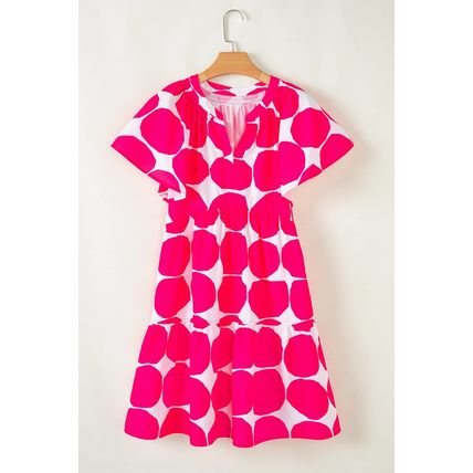 Rose Polka Dot Flutter Sleeve Notched Neck Tiered Flowy Dress