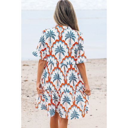 Orange Contrast Palm Tree Printed Short Sleeve Flowy Dress