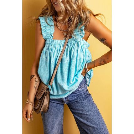 Sky Blue Tribal Pattern Print Ruffled Wide Straps Loose Tank Top