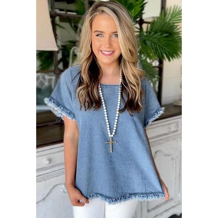 Sky Blue Raw Edge Denim Top