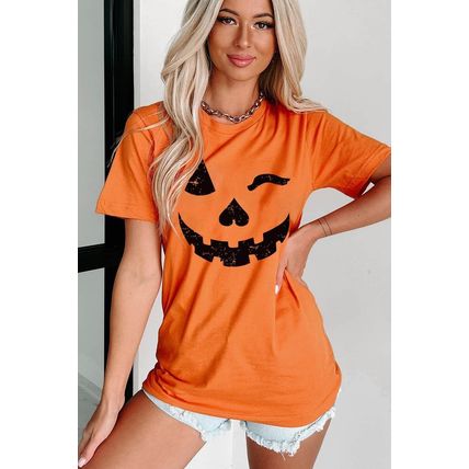 Orange Halloween Pumpkin Face Print Crew Neck T Shirt